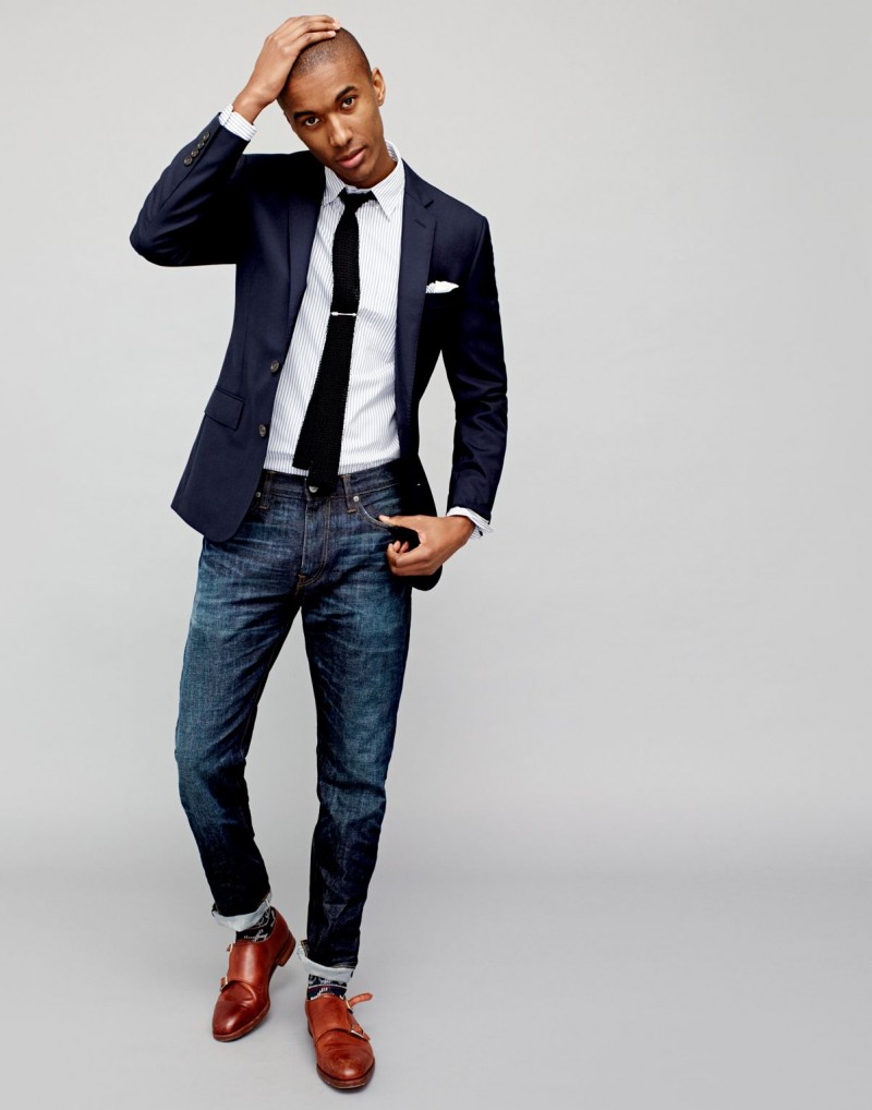 Modern Office Style: J.Crew exchanges the trousers for a pair of dark distressed denim jeans. » J.Crew Styles the Suit 5 Ways Modern Office Style: J.Crew exchanges the trousers for a pair of dark distressed denim jeans.