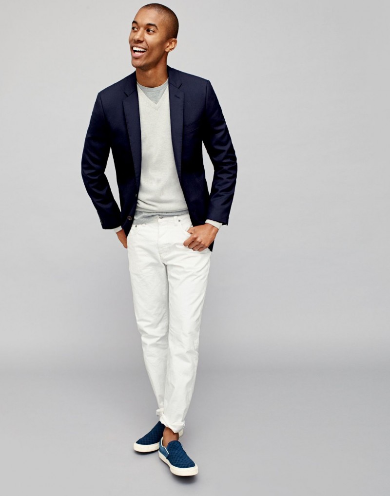 Spring Style: J.Crew goes for light layering with an Italian cashmere sweater, chinos and slip-on sneakers.