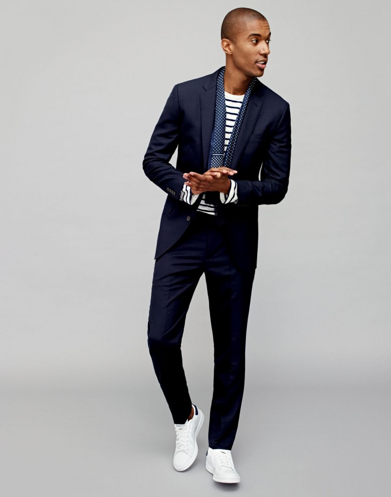 Evening Out Style: J.Crew embraces the white sneakers and suit look with the addition of a scarf and striped tee.