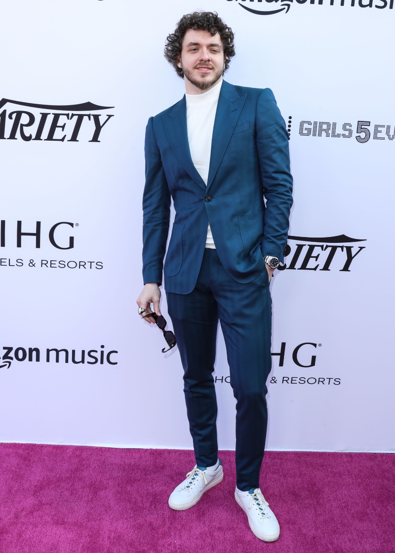 Jack Harlow White Sneakers with Navy Suit