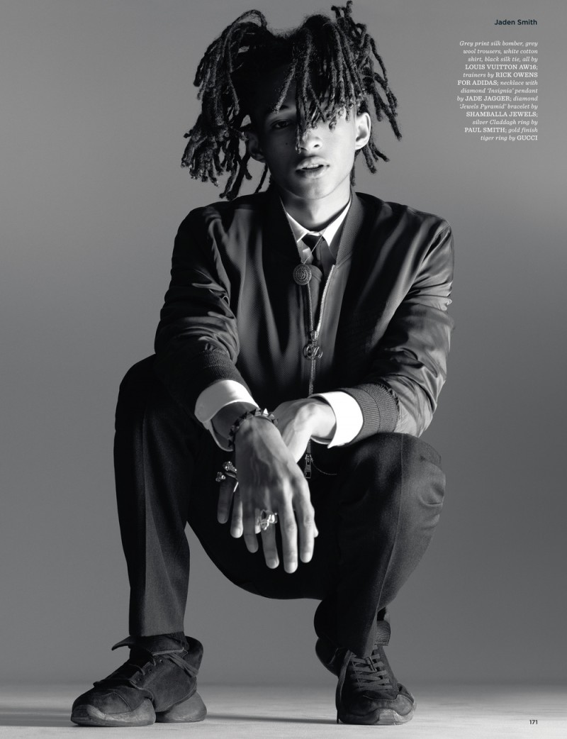 Jaden Smith poses for a black & white photo in a fall 2016 look from Louis Vuitton, accented by Rick Owens for Adidas sneakers.
