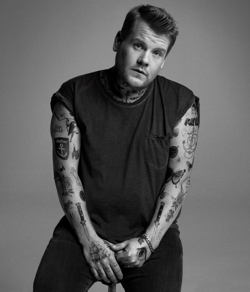 James Corden wears pocket tee Saint Laurent, jeans Burberry and bracelet A.P.C.