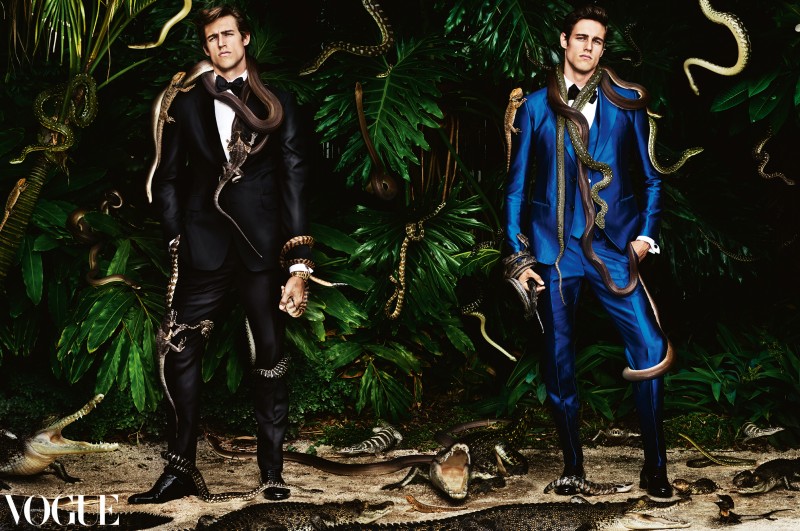 Jordan and Zac Stenmark don dashing tuxedos as they pose with snakes and crocs for Vogue Australia.