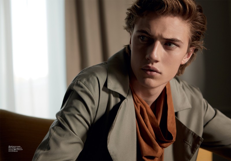 Lucky Blue Smith photographed by Lukasz Pukowiec in Balmain and Brunello Cucinelli for Vogue Man Ukraine.