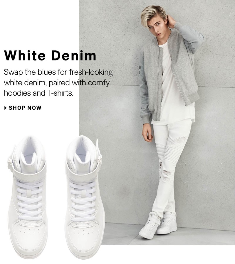 Sporting skinny ripped white denim, Lucky Blue Smith is front and center for a stylish outing from H&M.