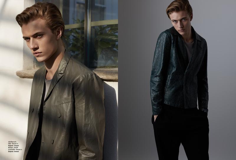 Lucky Blue Smith wears spring-summer 2016 fashions from Emporio Armani.