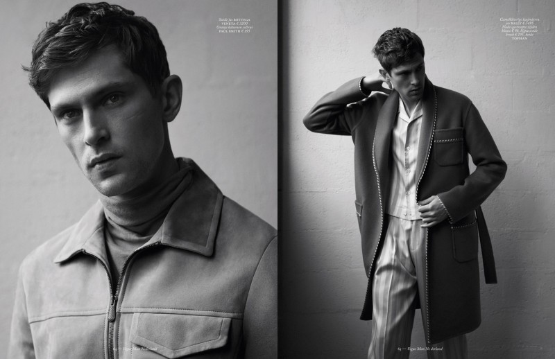 Mathias Lauridsen is front and center for black & white images featuring fashions from Bottega Veneta, Paul Smith, Bally and Topman.