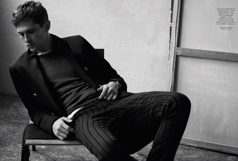 Mathias Lauridsen takes on a relaxed pose in Dior Homme, Margaret Howell, Acne Studios and Corneliani.
