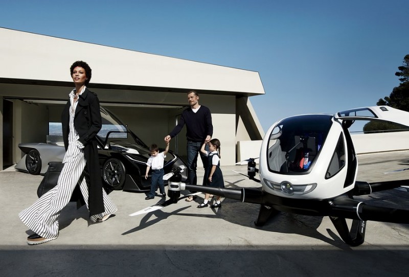 Joan Smalls and Nikolaj Coster-Waldau get the kids ready for school in this futuristic photo.