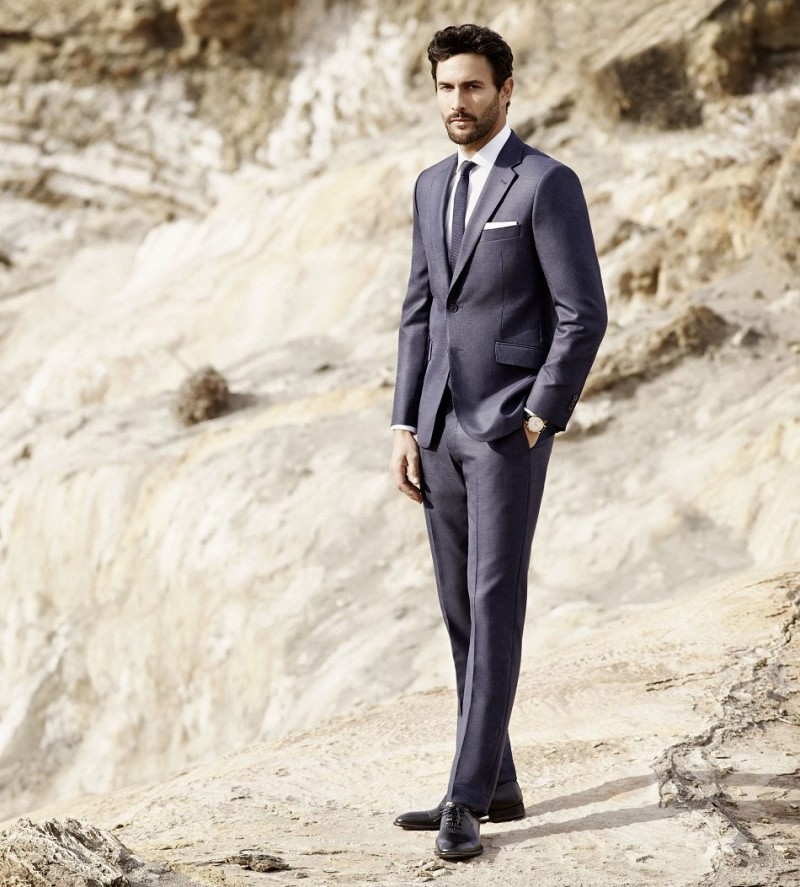 Noah Mills dons a sharp blue suit for Pedro del Hierro's spring-summer 2016 campaign.