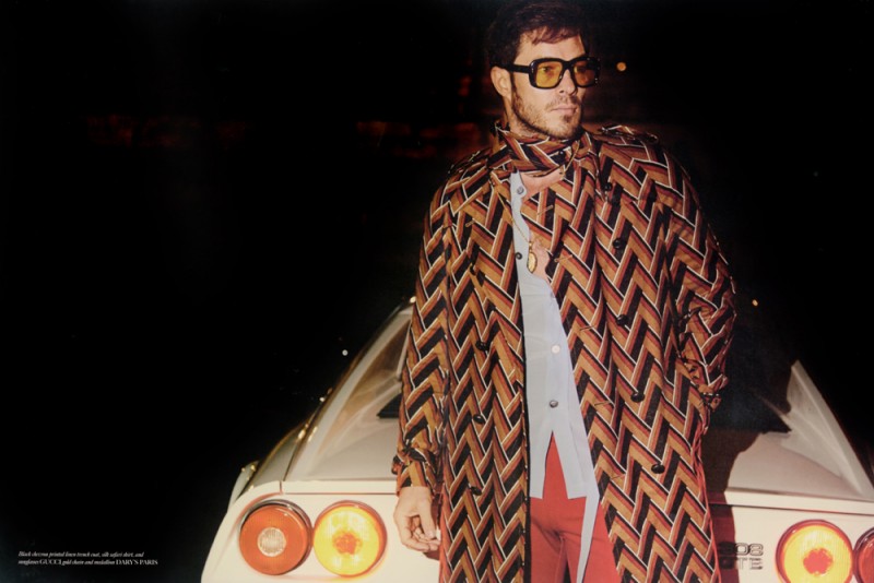 Paul Sculfor makes quite the statement in a zigzag patterned coat from Italian fashion house Gucci.