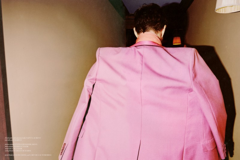 Paul Sculfor embraces a pink number from Saint Laurent.