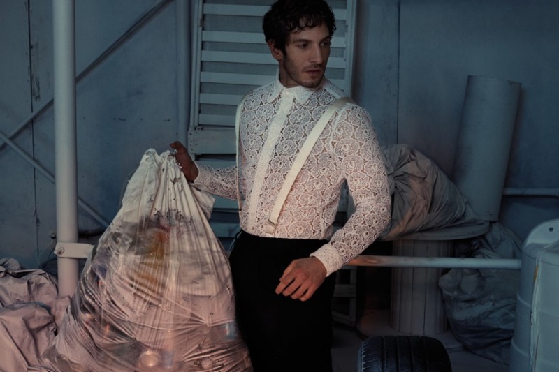 Quim Gutiérrez dons a lace shirt from Burberry. » Quim Gutiérrez Covers the Debut Issue of Solar Magazine Quim Gutiérrez dons a lace shirt from Burberry.