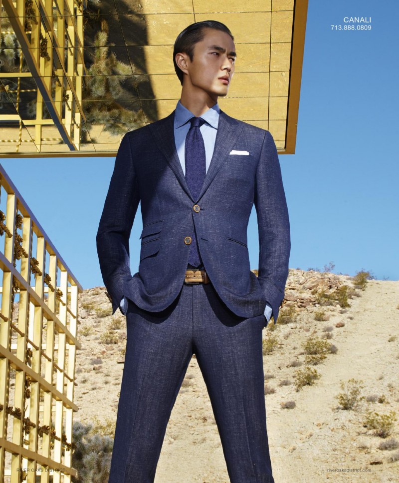 Zhao Lei is a striking figure in navy suiting from Canali.