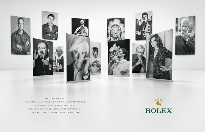 Rolex Icons Campaign Advertisement featuring famous personalities that have sported the brand's luxurious timepieces.