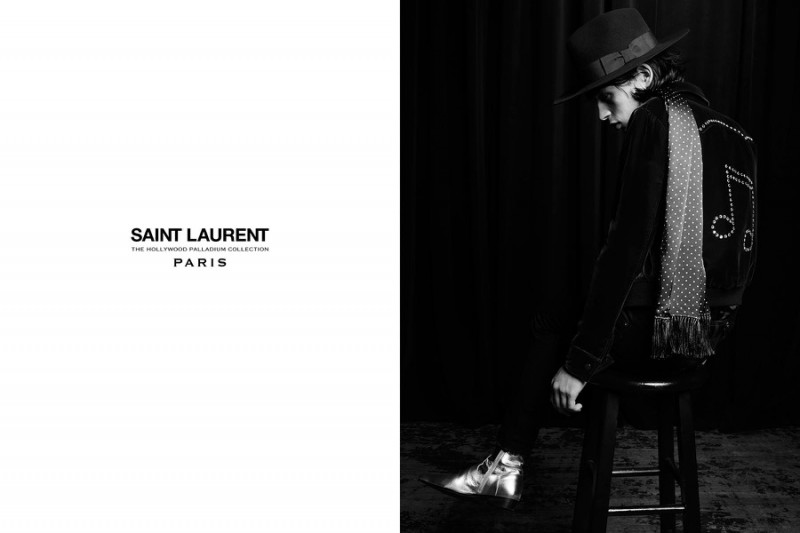 Music continues to be at the root of Hedi Slimane's tenure at Saint Laurent with a musical note decorating the back of a jacket.
