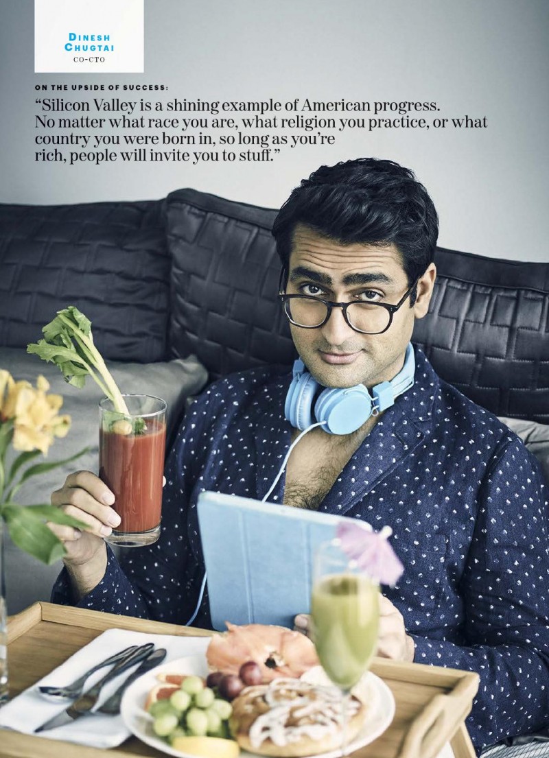 Kumail Nanjiani enjoys breakfast in bed for his Esquire shoot.