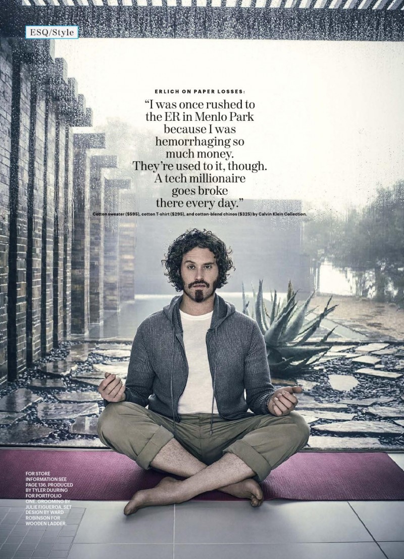 T.J. Miller meditates in clothes from Calvin Klein Collection.