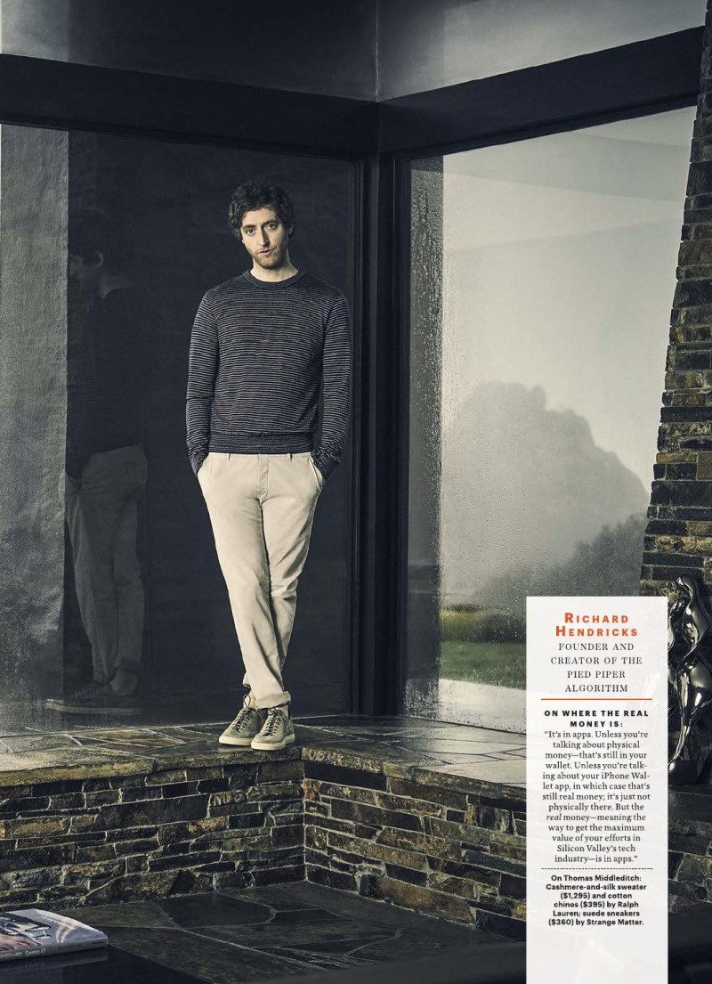 Thomas Middleditch relaxes in an ensemble from Ralph Lauren, finished with Strange Matter sneakers.
