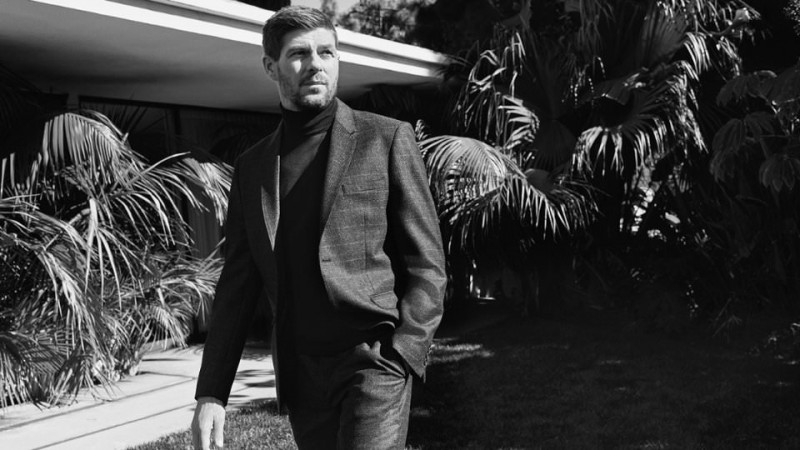 Steven Gerrard wears wool turtleneck sweater John Smedley and checked wool suit NN07.