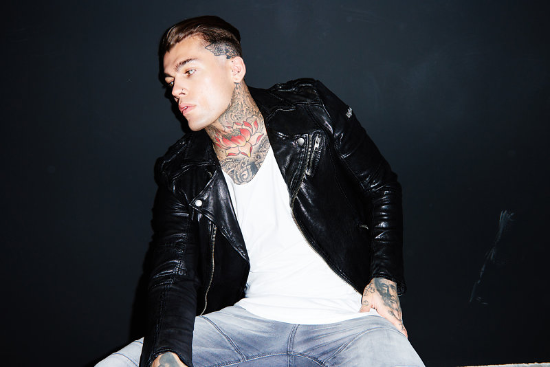 Stephen James is front and center in a leather biker jacket for THEO Wormland's spring-summer 2016 campaign.