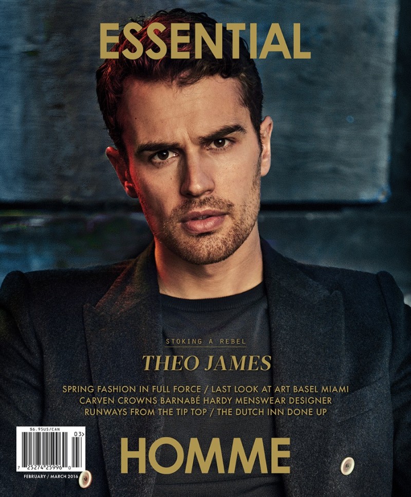 Theo James covers the February/March 2016 issue of Essential Homme.