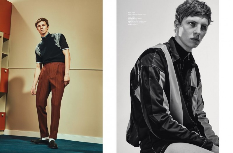 Pictured right, Tim Schuhmacher embraces sporty proportions in a spring look from Prada. Left, Tim wears a Fred Perry polo shirt with Salvatore Ferragamo trousers.