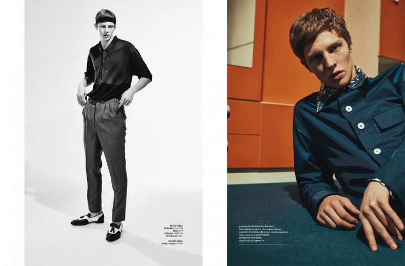Pictured left, Tim Schuhmacher goes sporty in a relaxed polo shirt from Parisian fashion house Lanvin.