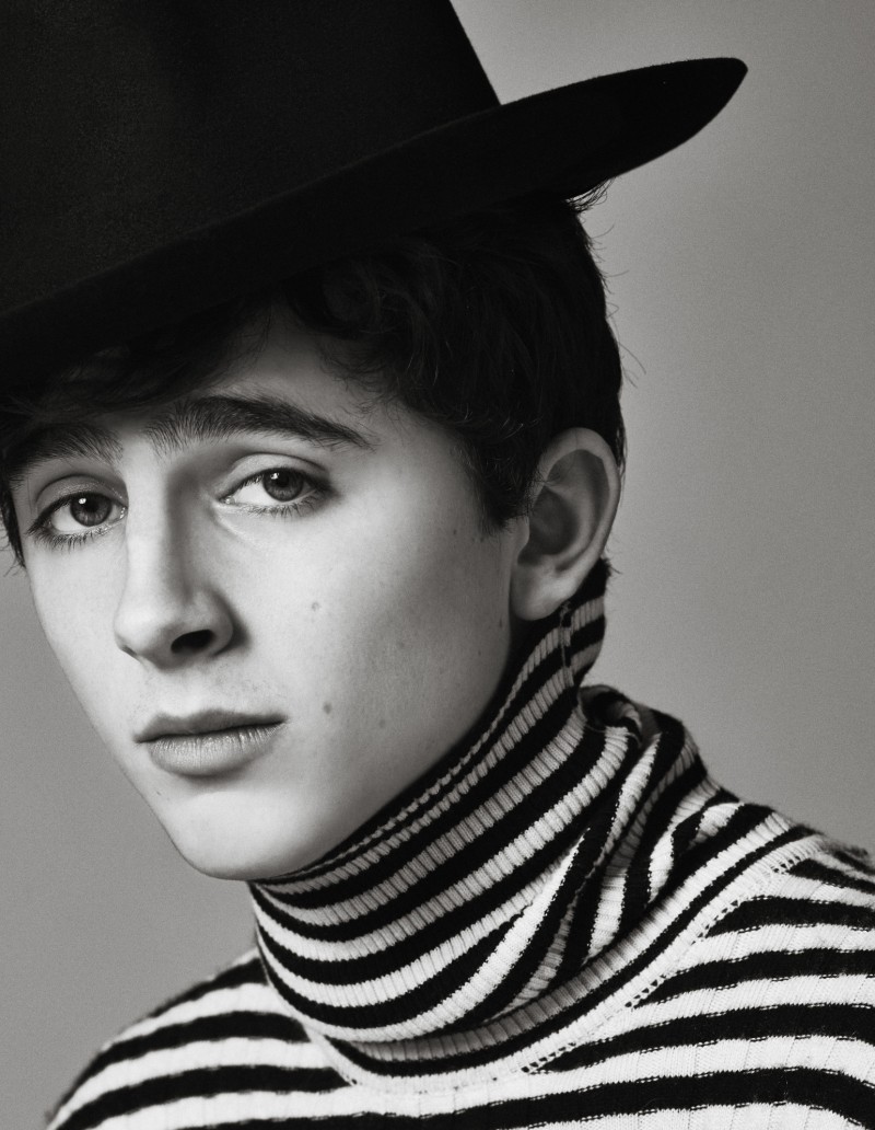 Timothée Chalamet wears striped turtleneck Tom Ford and hat Worth & Worth.