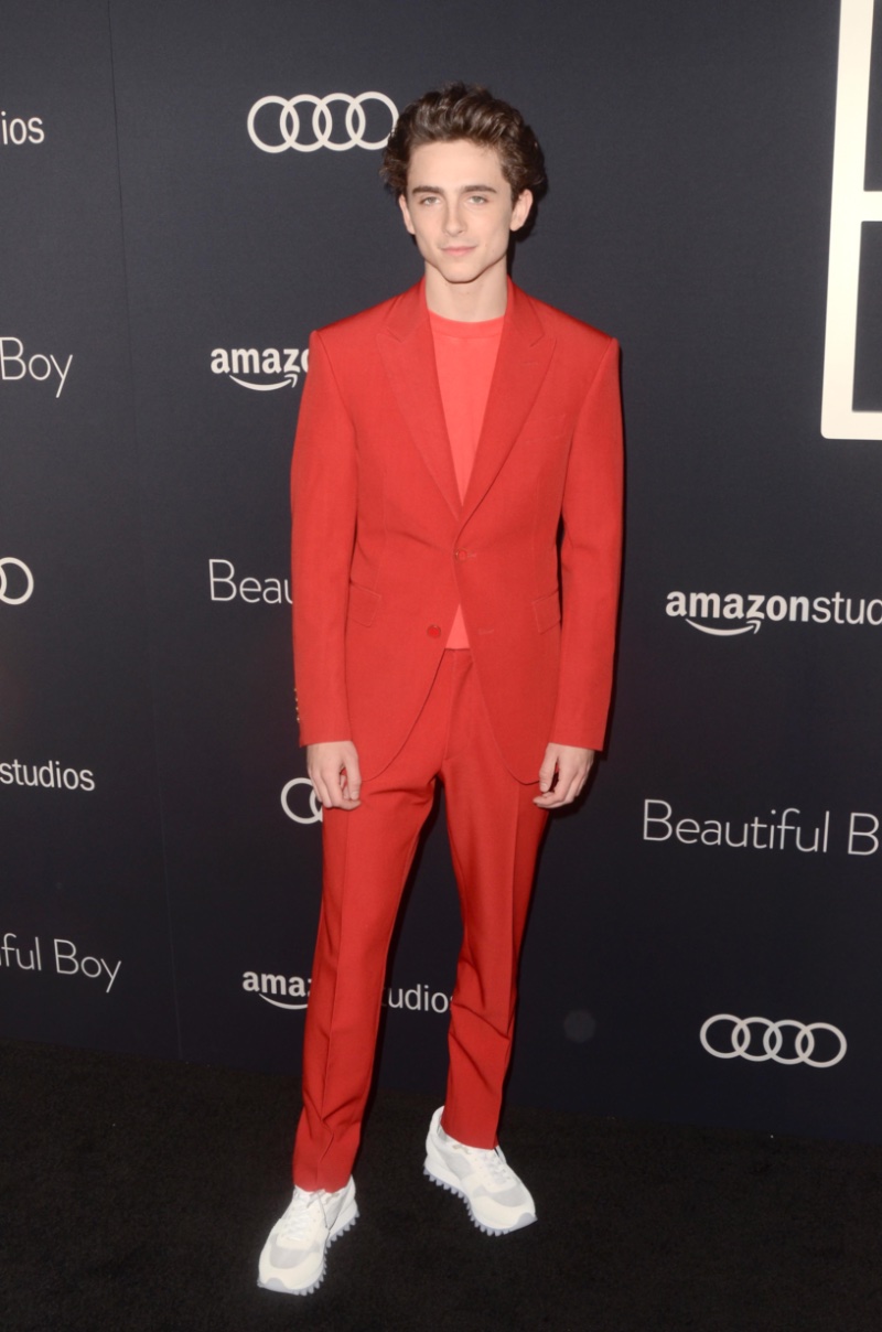 Timothee Chalamet Red Suit White Sneakers