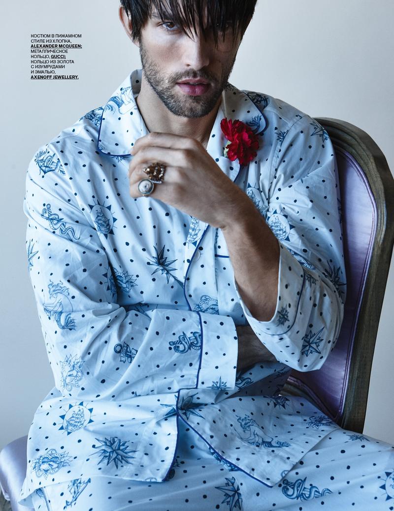 Tobias Sorensen embraces the pajama trend in a printed number from Alexander McQueen.