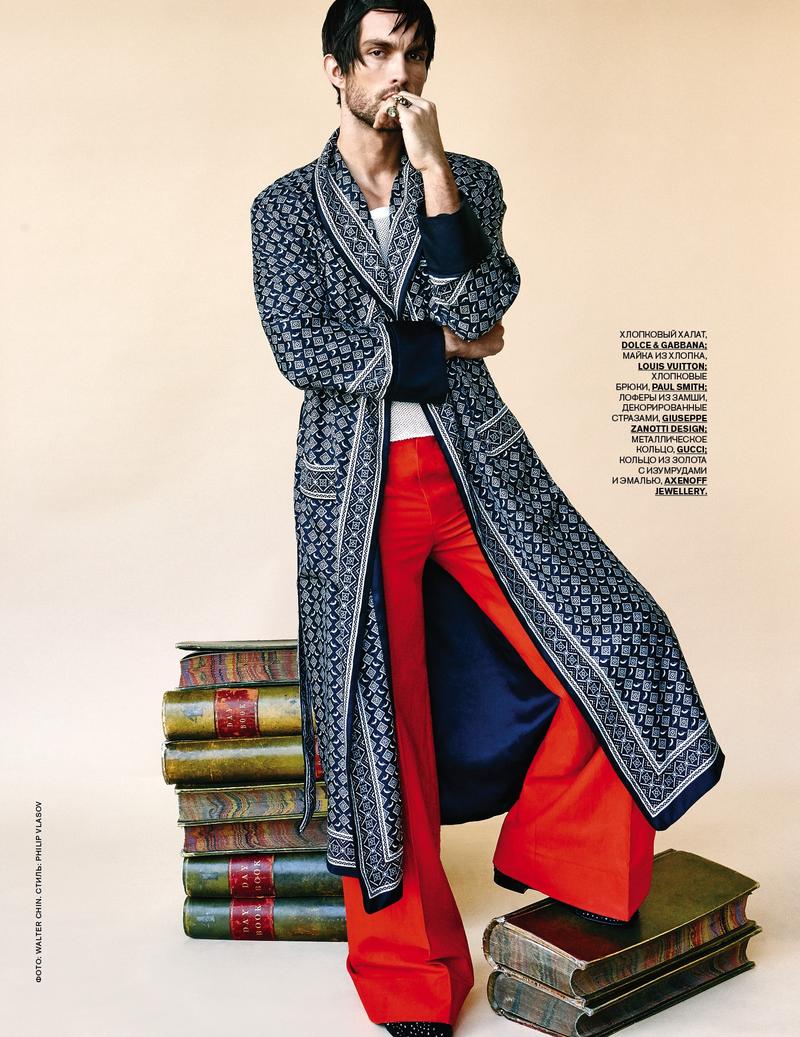 Tobias Sorensen has a robe moment in Dolce & Gabbana with flared Paul Smith trousers.