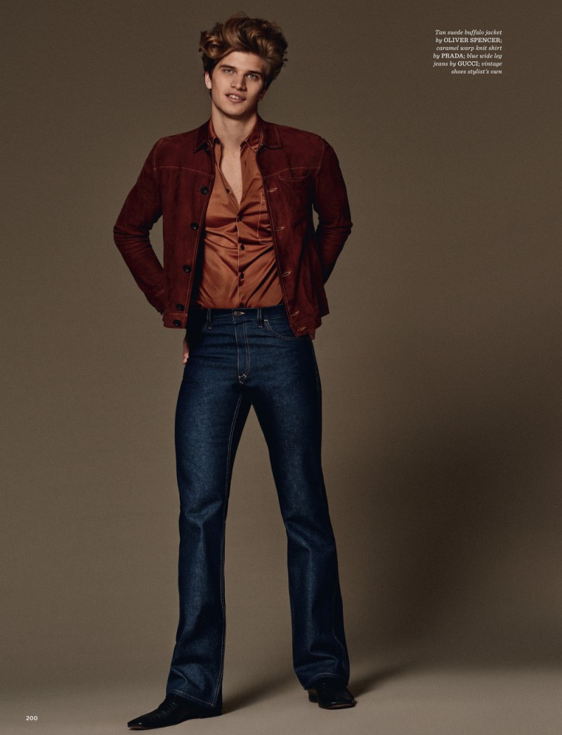 Toby Huntington-Whiteley channels the 1970s in Oliver Spencer, Prada and Gucci.