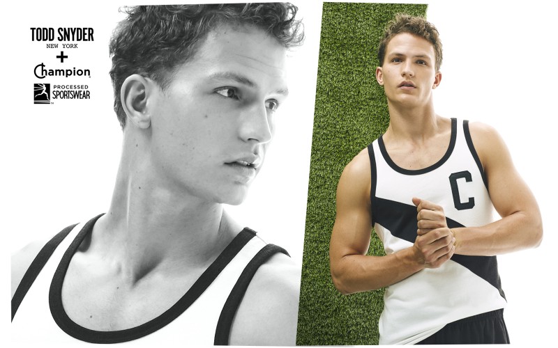 Nathaniel Visser wears a jersey style tank for Todd Snyder x Champion's spring-summer 2016 campaign.