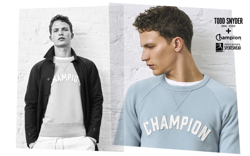 Nathaniel Visser wears a Champion sweatshirt for Todd Snyder x Champion's spring-summer 2016 campaign.