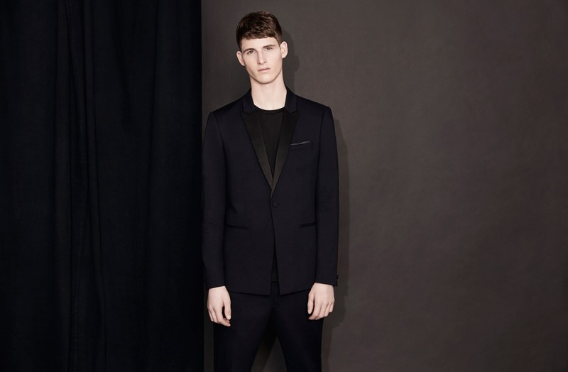 Topman makes a case for the tuxedo, dressed down with a plain t-shirt.