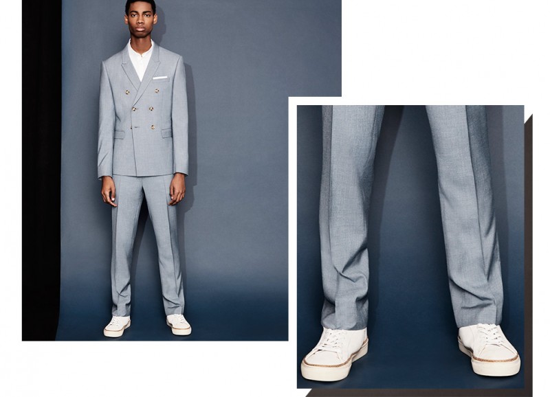 Topman gets behind the suit and sneakers trend with this double-breasted number.