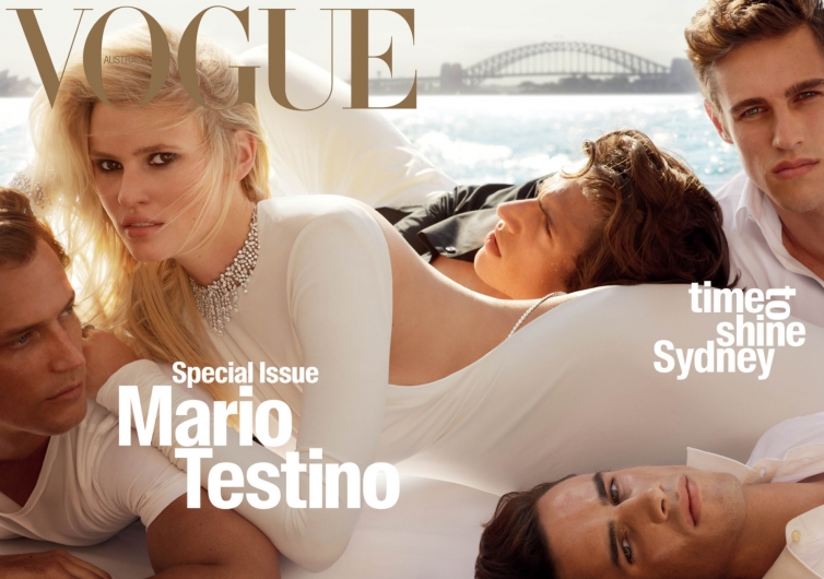 Mario Testino photographs Lara Stone, David Genat, Jordan, Zac and Louis Stenmark for the April 2016 cover of Vogue Australia.