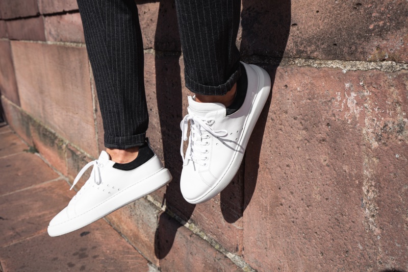 White Sneakers Pinstripe Trousers Closeup