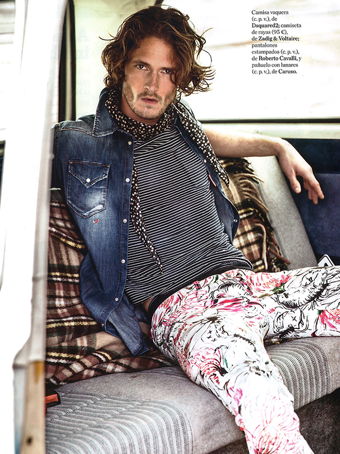 Will Brunnen sports a striped tee from Dsquared2 with a Zadig & Voltaire denim shirt and Roberto Cavalli trousers.