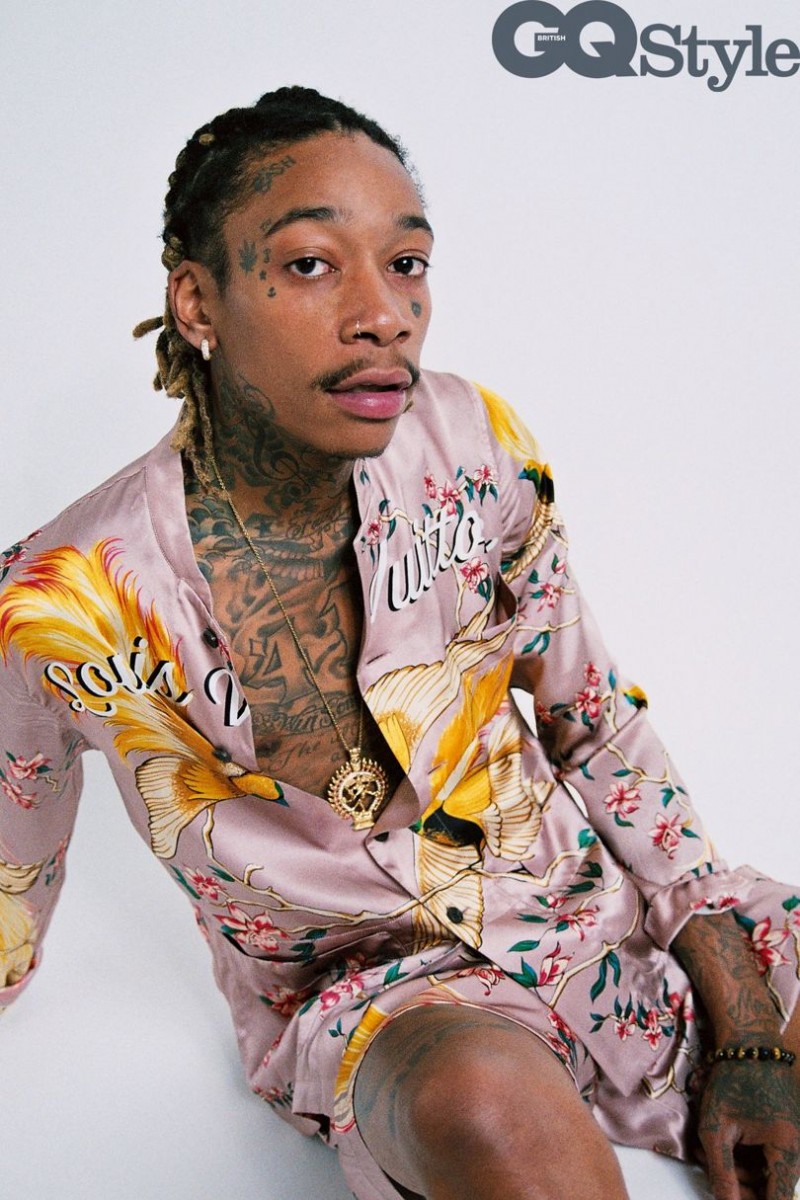 Wiz Khalifa warms up to the silk trend in a spring-summer 2016 look from Louis Vuitton.