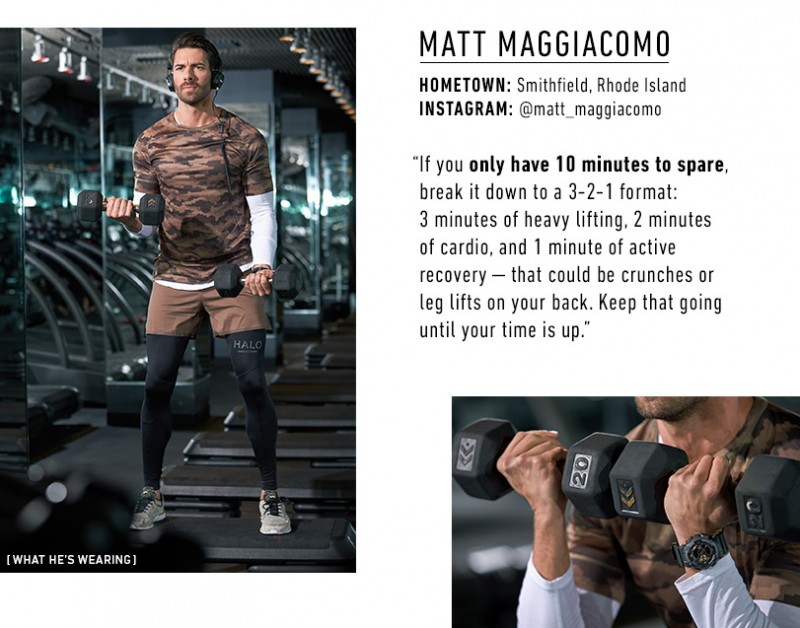 Matt Maggiacomo wears Halo camo tech tee and endurance tights, Satisfy packable long tee and short distance shorts, Marshall Major II over the ear headphones, a G-Shock GA-110 watch and APL: Athletic Propulsion Labs TechLoom Pro sneakers.