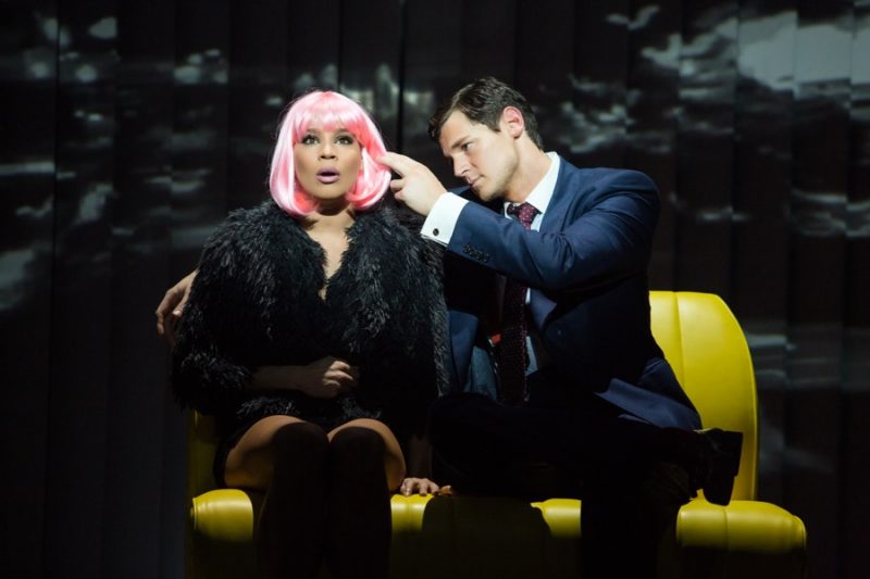 Benjamin Walker as Patrick Bateman and Holly James as Christine in American Psycho: The Musical.