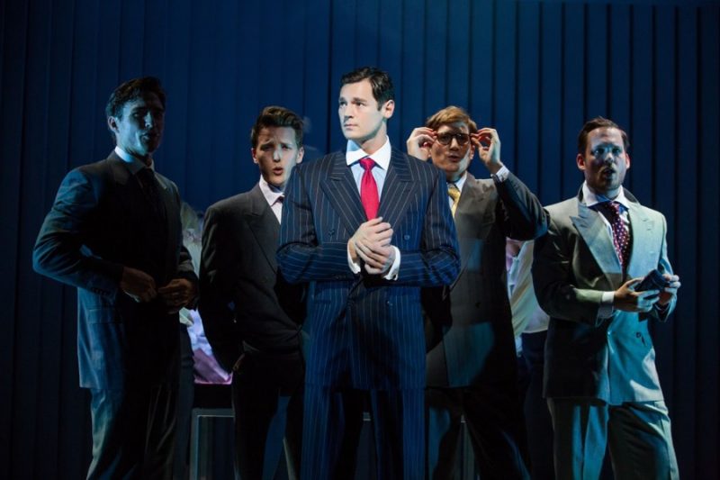 Benjamin Walker dons a sharp pinstripe suit as Patrick Bateman in American Psycho: The Musical.