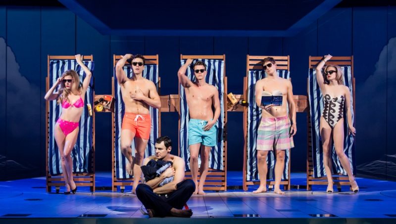 Colorful swimwear and cool sunglasses are on full display for a scene from American Psycho: The Musical.