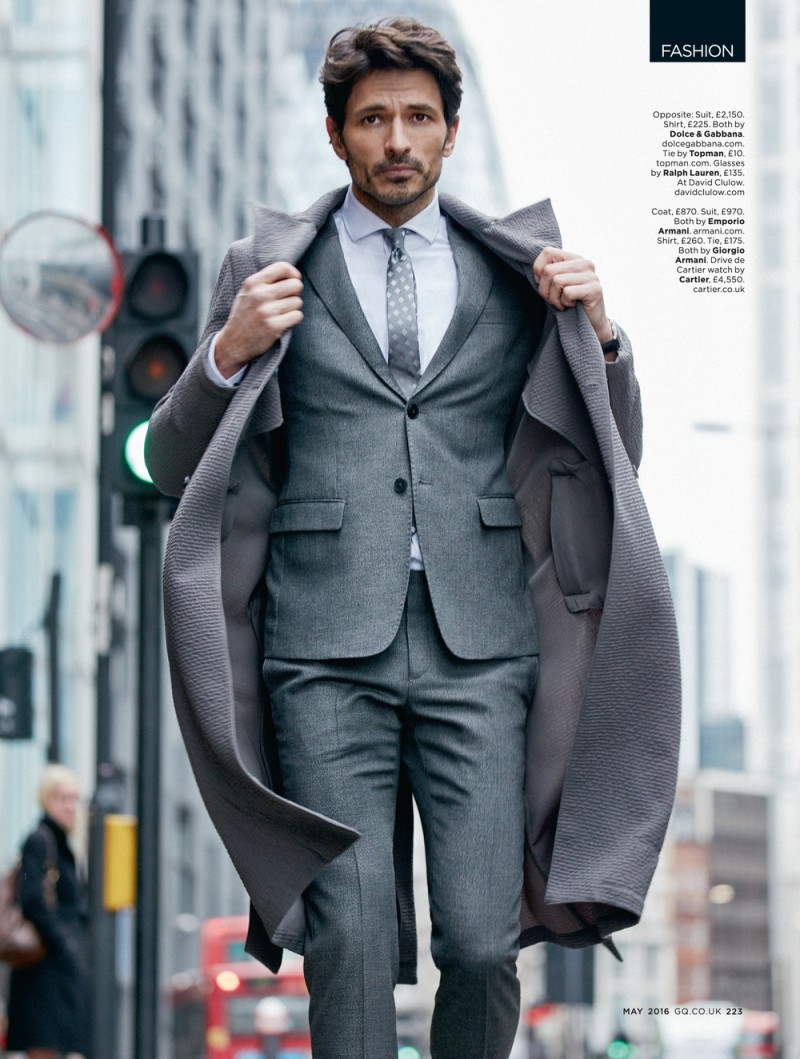 Andres Velencoso Segura is effortlessly chic in a coat and suit from Emporio Armani.