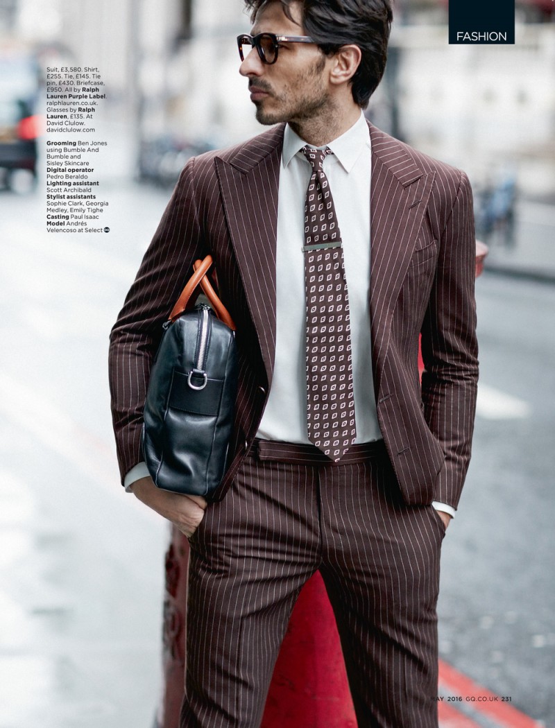 Andres Velencoso Segura is pictured in a brown pinstripe suit from Ralph Lauren Purple Label.