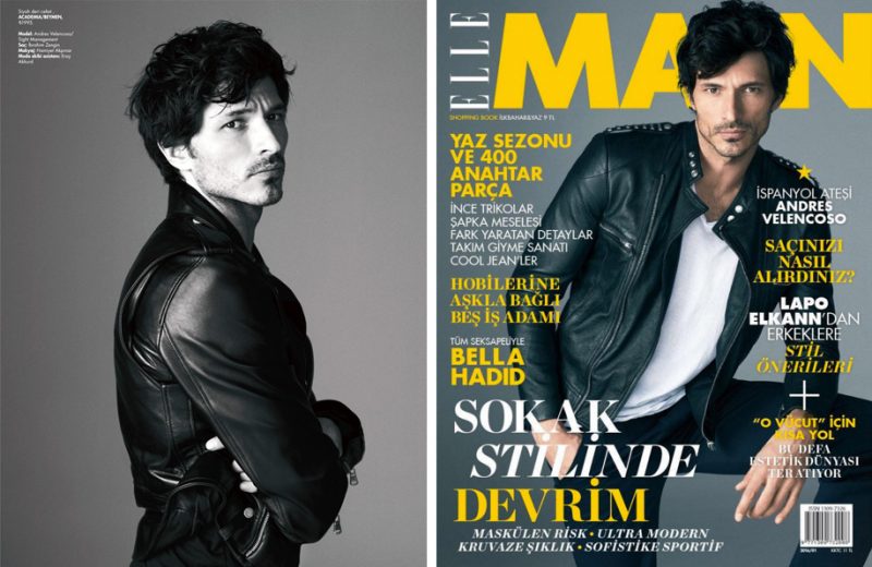 Wearing a studded leather racer jacket, Andres Velencoso Segura covers the most recent issue of Elle Man Turkey. 