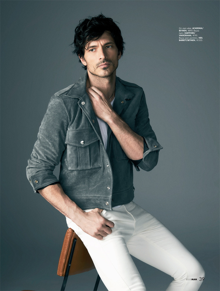 Andres Velencoso Segura pictured in a suede Academia jacket with Neil Barrett white denim jeans.