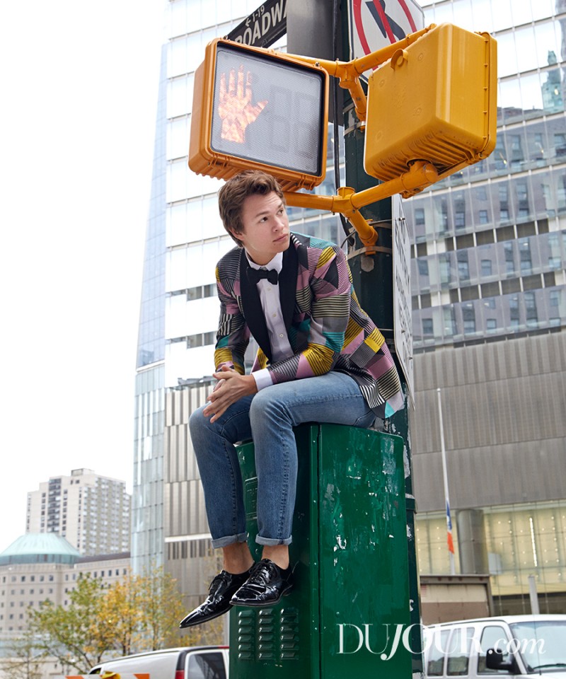 Ansel Elgort wears jacket David Hart, shirt VM, slim-fit jeans Vince, bow-tie Tom Ford and shoes Tod's.